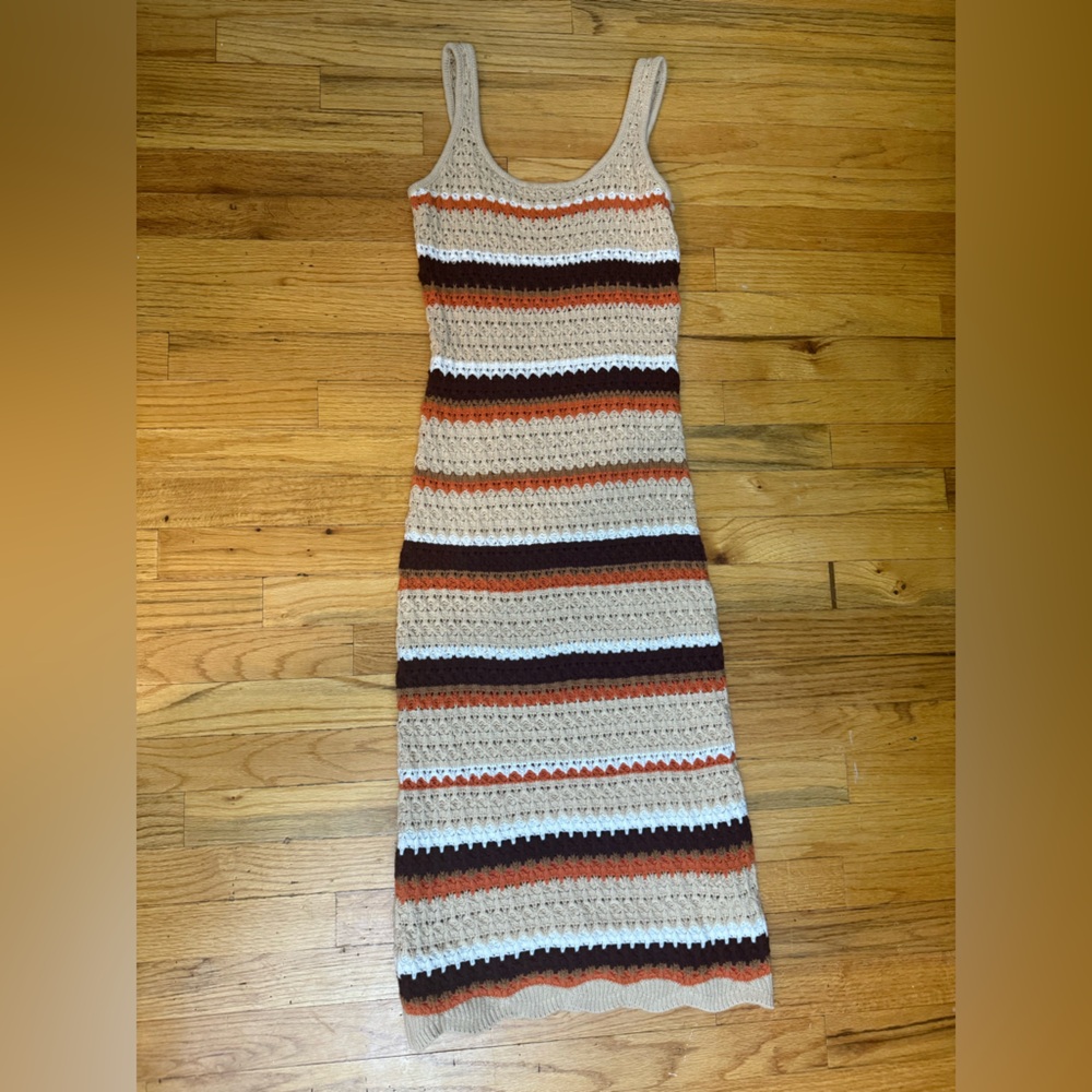 Cream and Brown Sleeveless Scoop Neck Sundress